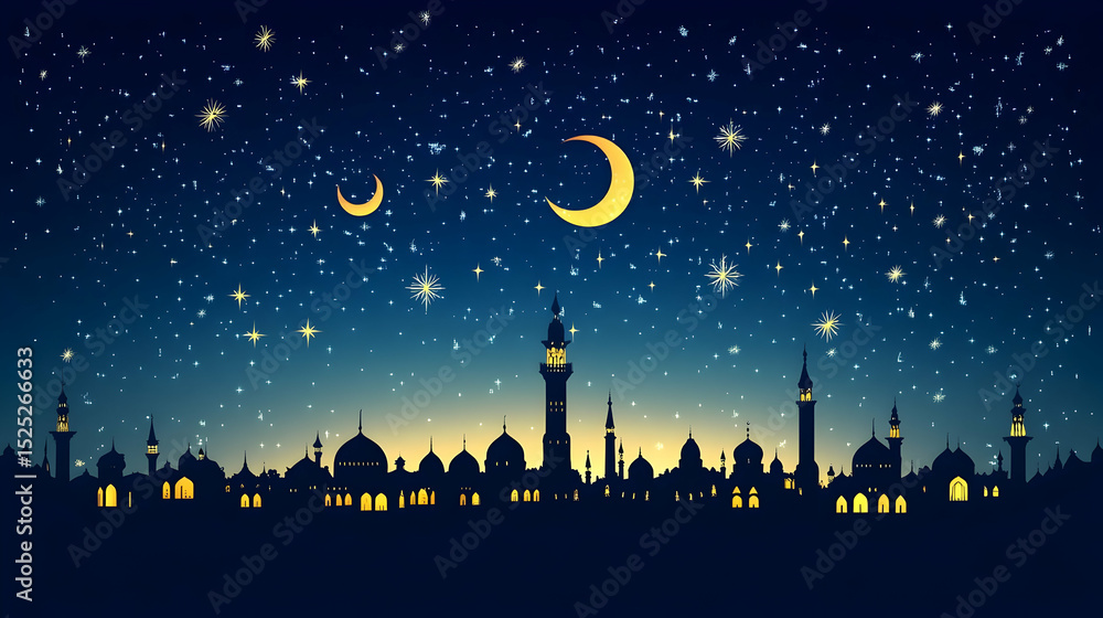 Fototapeta premium Serene islamic city silhouette under a starlit sky with crescent moons