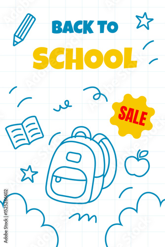 Playful back to school vector illustration with blue outline icons and colorful sale label. Features backpack, apple, book, and stars on a white background. 