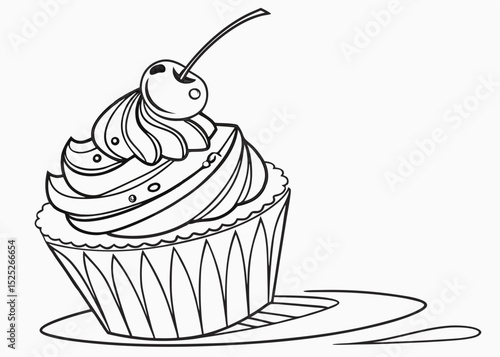 Detailed outline vector of a kue cupcake dengan icing dan cherry, focus on intricate details of the frosting indicated by line variations, clean black outline.