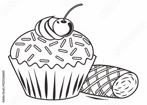 Detailed outline vector of a kue cupcake dengan icing dan cherry, focus on intricate details of the frosting indicated by line variations, clean black outline.