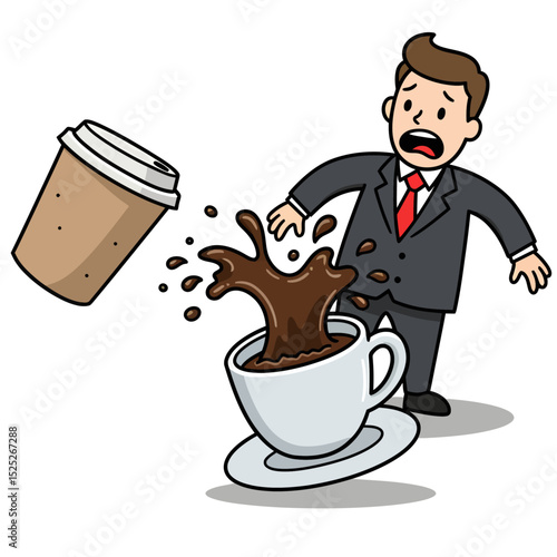Cartoon depicts a man in a suit surprised as coffee spills from a white mug onto his suit