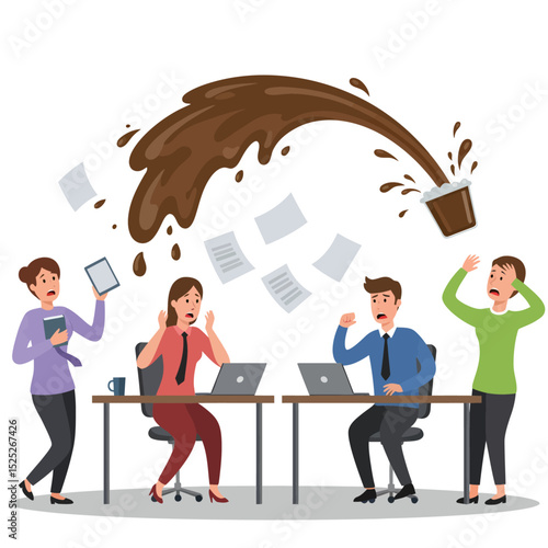 Office workers react as coffee spills creating chaos with flying papers