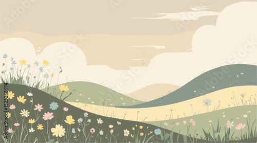 Abstract summer landscape background with wildflowers in pastel colors. Minimal floral meadow illustration for seasonal design, nature prints, cards, posters, and wall decor.