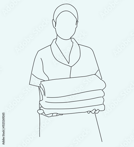 maid in uniform. maid brings towel. housemaid.vector single line of housemaid at work