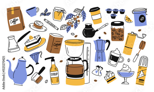 Set of colored doodle coffee, dessert. Group of objects. Hand drawn vector isolated illustration