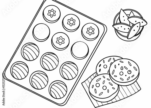 Outline vector illustration of an assortment of berbagai biskuit dan kue kering, arranged neatly, top-down view, delicate line art, transparent background