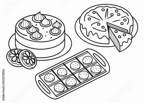 Outline vector illustration of an assortment of berbagai biskuit dan kue kering, arranged neatly, top-down view, delicate line art, transparent background