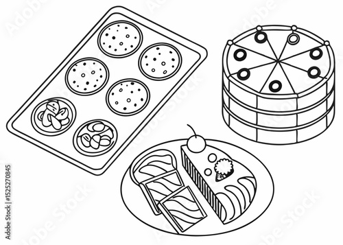 Outline vector illustration of an assortment of berbagai biskuit dan kue kering, arranged neatly, top-down view, delicate line art, transparent background