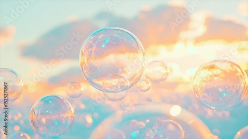 Floating bubbles against a sunset sky