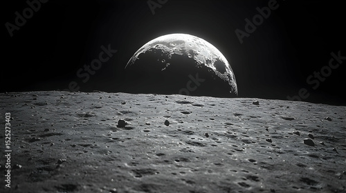 Lunar landscape with Earth rising over the horizon, showcasing craters and textures