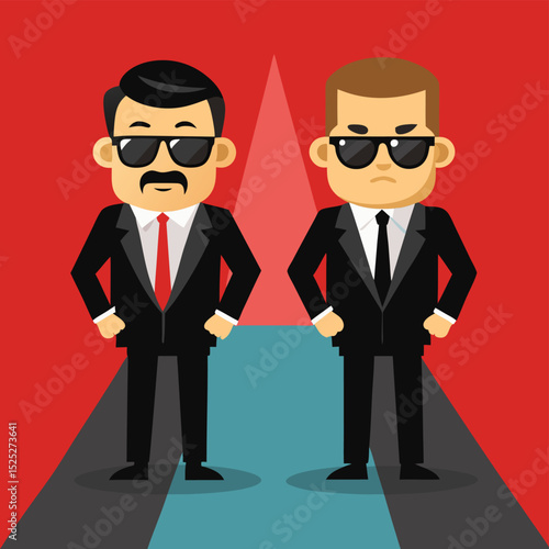 Discover our charming cartoon characters featuring two bodyguards on a red carpet, perfect for celebrity events and entertainment-themed designs.
