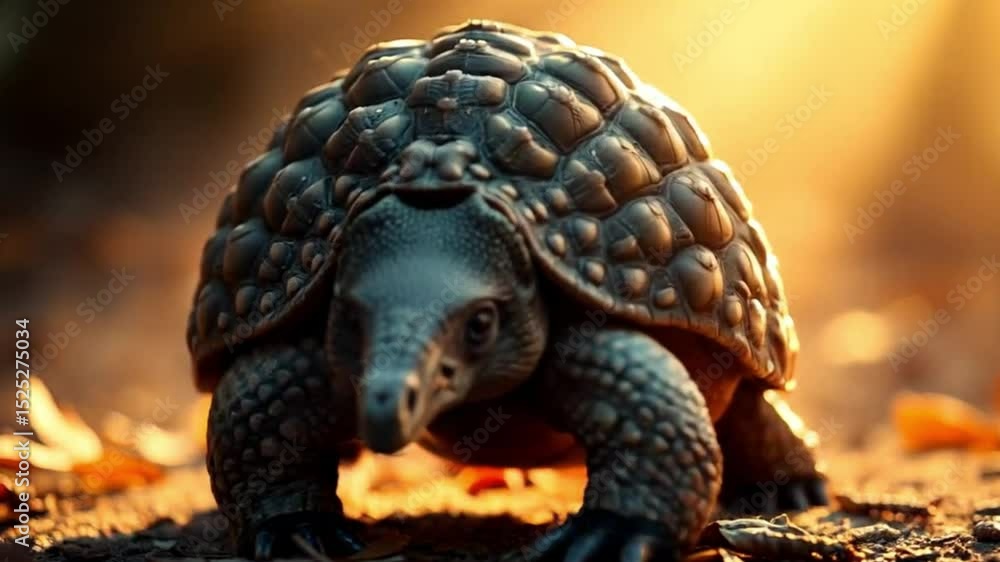 Close up of tortoise on sunlit forest floor with autumn leaves and warm natural light Close up of tortoise on sunlit forest floor with autumn leaves and warm natural light