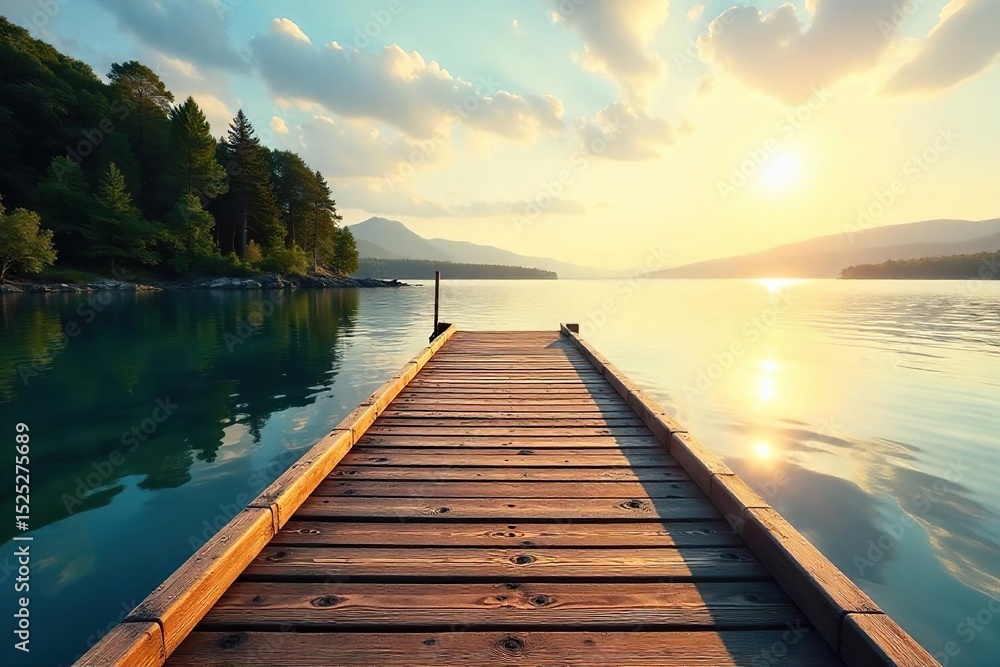 Obraz premium A tranquil scene of a wooden shoreline dock extending over calm water, bathed in golden sunlight Perfect for travel, nature, and serenity themes , background, landscape
