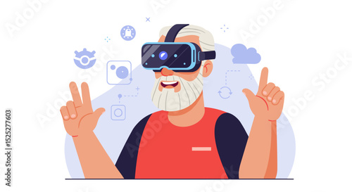 Elderly man enjoying virtual reality experience with headset on  