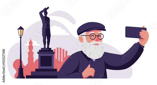 Elderly man taking selfie in front of statue and city background  
