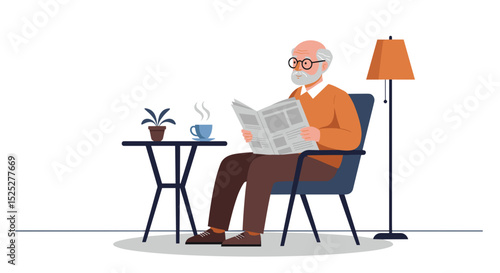 Elderly man reading newspaper while sitting in armchair at home  