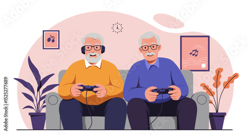 Elderly men playing video games together on a sofa in living room  