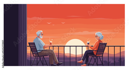 Elderly couple sitting on balcony enjoying drinks at sunset  