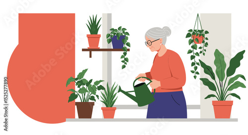 Elderly woman watering plants in a bright indoor garden space  