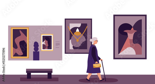 Elderly woman walking through art gallery while observing paintings  