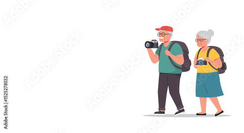 Elderly couple walking with cameras and backpacks while exploring  