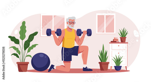 Elderly man exercising with dumbbells in bright home gym  