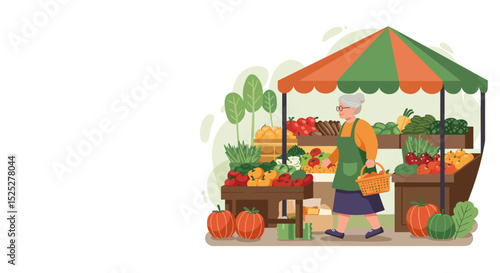 Senior woman selling fresh vegetables at a colorful market stall  