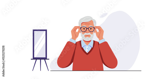 Elderly man adjusting glasses while sitting at table with mirror  