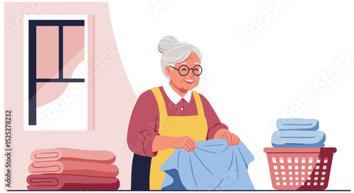 Elderly woman folding laundry with basket in cozy indoor setting  