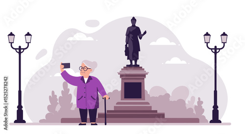 Elderly woman taking selfie with smartphone by statue in the park  