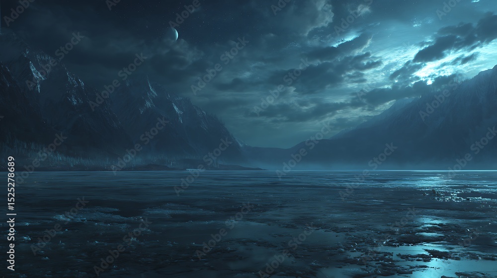 Fototapeta premium Frozen lake under a cloudy moonlight sky