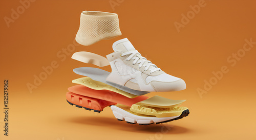 Exploded view of a sneaker shoe showing its internal components. Product innovation and footwear design concept.