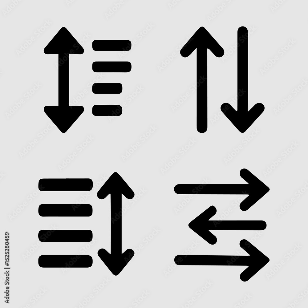 Four Arrow in action an emblem displaying a dynamic array of arrows: sorting icon, bi-directional symbols, and a circular movement icon, all set against a light gray canvas. Four Arrow in action an emblem displaying a dynamic array of arrows: sorting icon, bi-directional symbols, and a circular movement icon, all set against a light gray canvas.