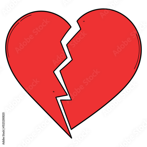 Hand drawn cartoon broken red heart on white background.