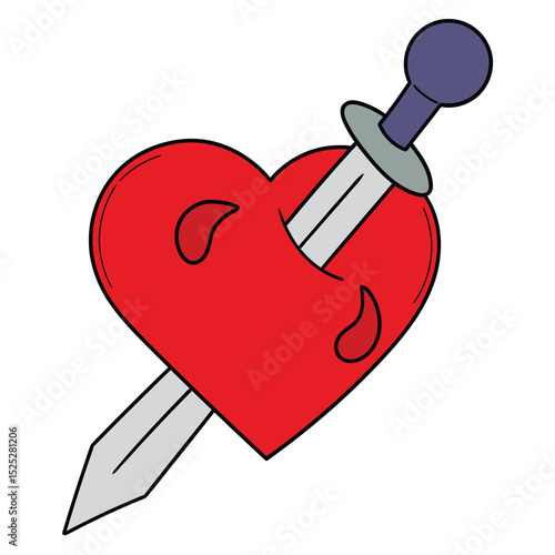 Hand drawn cartoon red heart pierced by dagger on white background.