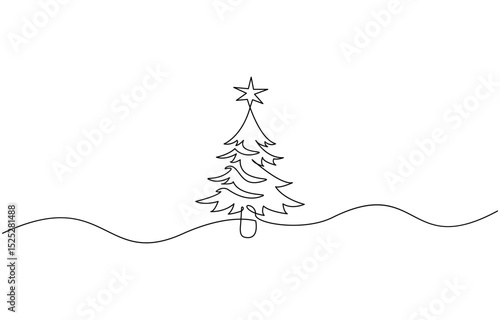 One line continuous drawing of a Christmas tree with star on top and Isolated on white background,  One line drawing Christmas tree, Christmas tree doodle Isolated.