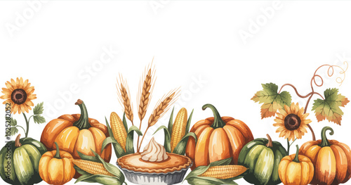 Autumn Harvest Watercolor Painting Pumpkins, Corn, and Pie