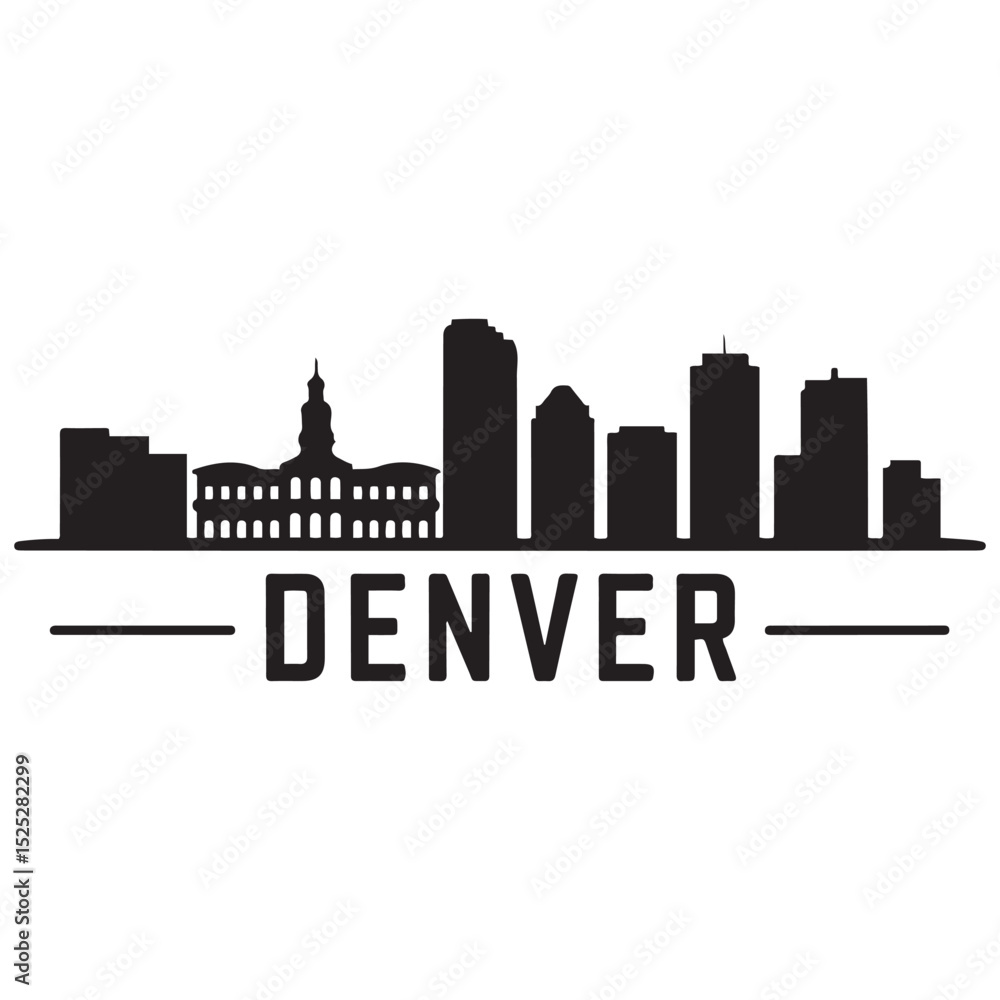 Vector Denver skyline. Travel Denver famous landmarks. Business and tourism concept for presentation, banner, web site. Vector black silhouette. with white background Vector Denver skyline. Travel Denver famous landmarks. Business and tourism concept for presentation, banner, web site. Vector black silhouette. with white background