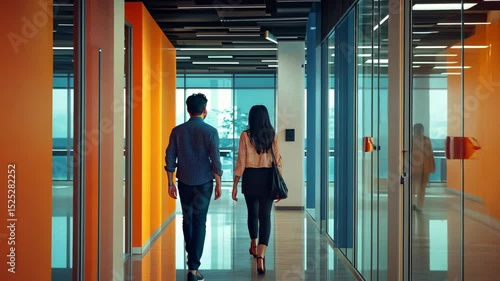 Two people walking down a brightly colored office hallway