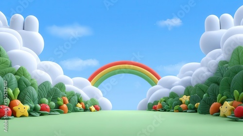Colorful cartoon landscape with a rainbow archway.
