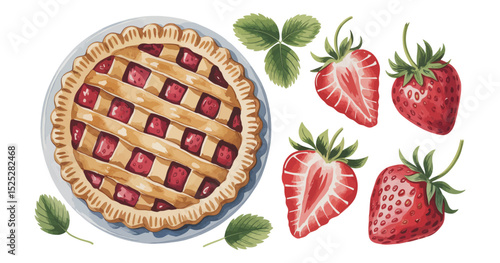 Delicious Strawberry Pie Watercolor Illustration of Sweet Pastry and Fresh Berries