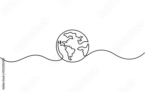 Planet Earth Continuous Line Icon, Continuous one line art drawing of earth planet, Earth globe one line drawing of world map minimalist vector illustration isolated on white background.