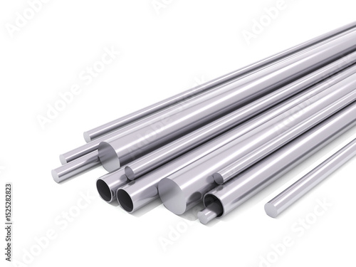 stainless steel pipes. Set of polished stainless steel pipes and solid rods with different sizes, 3d render isolated on white background for industrial and engineering use.