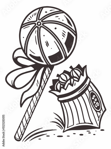 Vintage outline vector of a permen lolipop bulat, retro advertising style, distressed texture, thick outlines, isolated