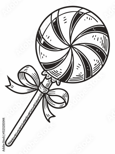 Vintage outline vector of a permen lolipop bulat, retro advertising style, distressed texture, thick outlines, isolated