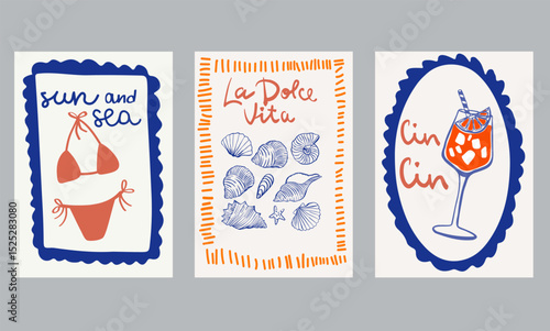 Set of hand drawn vintage posters in dolce vita style. Contemporary art vector illustrations. Vintage vector print. Print for t-shirt. Trendy minimalist posters
