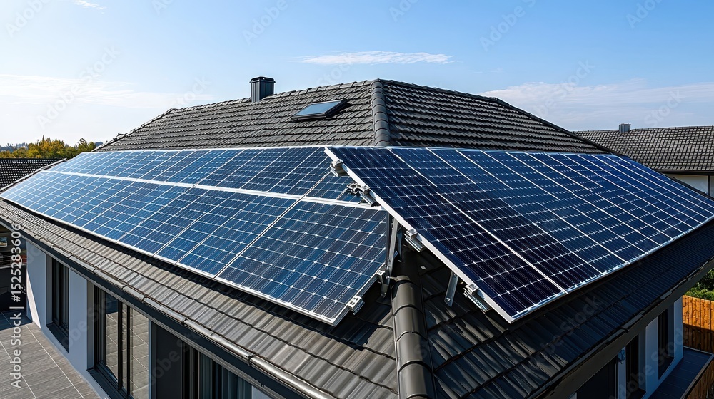 Fototapeta premium Panel mounting brackets securing multiple solar panels to modern residential roof showing detailed hardware connection system against clear blue sky