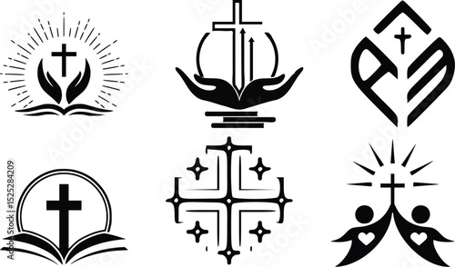set bundle christian cross logo with hands, bible, and rays religious church ministry emblem in black and white vector design for faith based organizations 