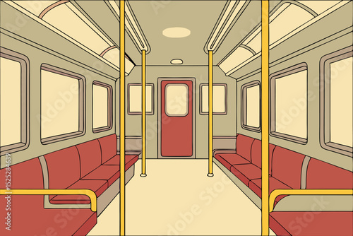 Illustrated interior view of an empty subway train car with red seating