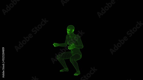 an animation of human in wireframe is air squatting